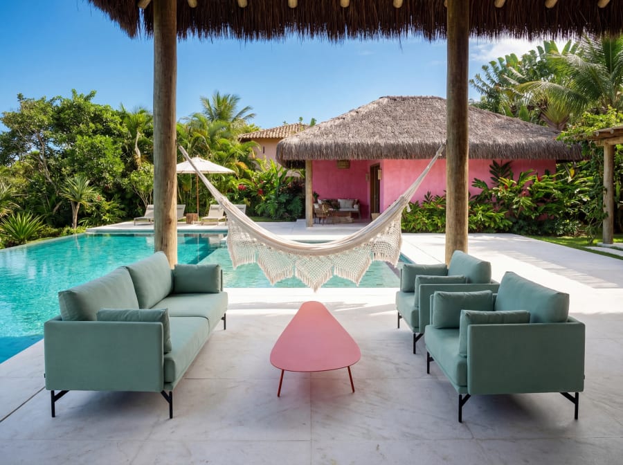 Sage green Cremme outdoor sofas and a pink table by a pool, hammock and thatched house