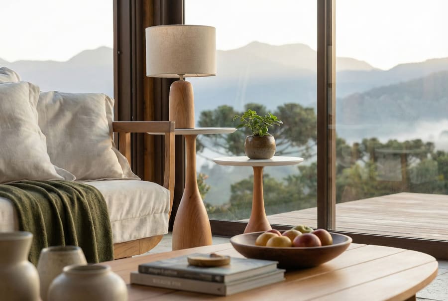 A Lider teak side table and lamp beside a linen sofa facing misty mountains