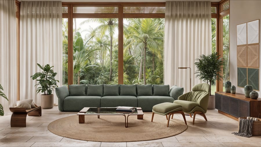A green L'Oeil sofa, lounge chair and round rug in a living room facing palm trees