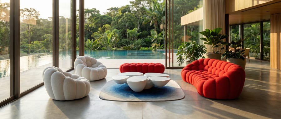 A red Roche Bobois Bubble sofa, white armchairs and pebble tables in a glass house by a pool