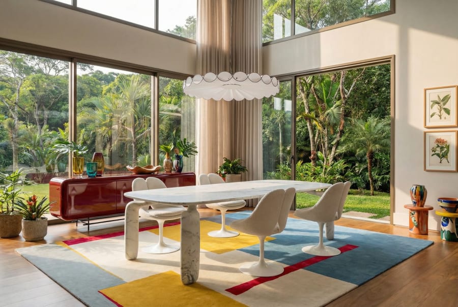 A marble Roche Bobois Pulp table with white tulip chairs on a colour block rug by jungle windows