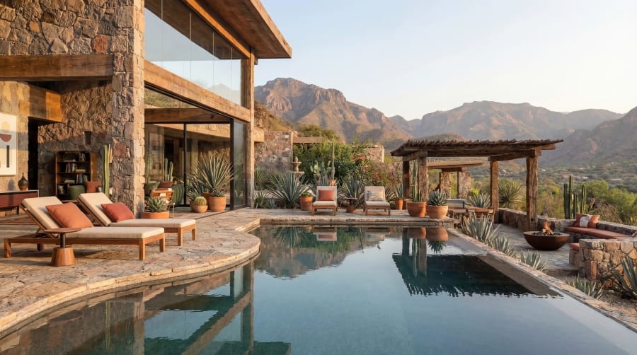 A stone desert house with a curved pool, sun loungers and a pergola under red mountains
