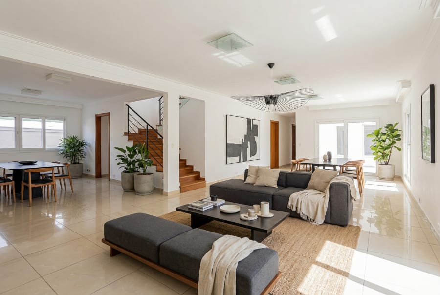 Open living room staged with grey sofa, daybed bench and oak dining table