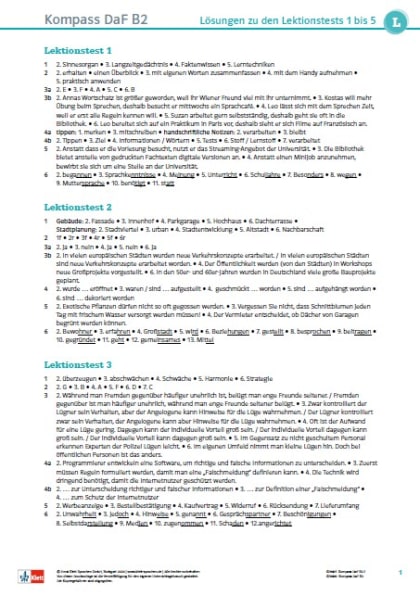Kompass Daf B2 Lösungen Kursbuch Kompass DaF B2.1 / Lektionstests (Lösungen) - derdieDaF-Portal