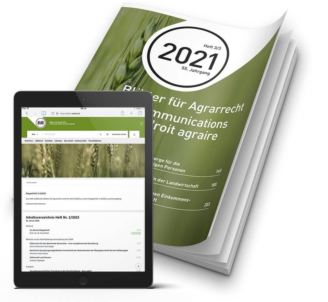 Cover und Tabletansicht Zeitschrift Blätter für Agrarrecht