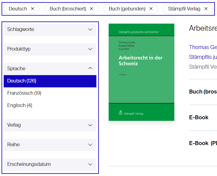 Filterfacetten Suche Onlineshop Stämpfli Verlag
