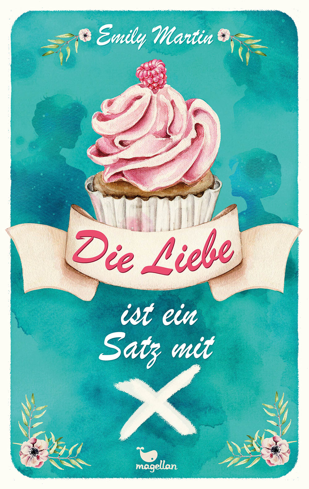 blauer Hintergrund mit Silhouetten einer Frau und eines Mannes, großer Cupcake