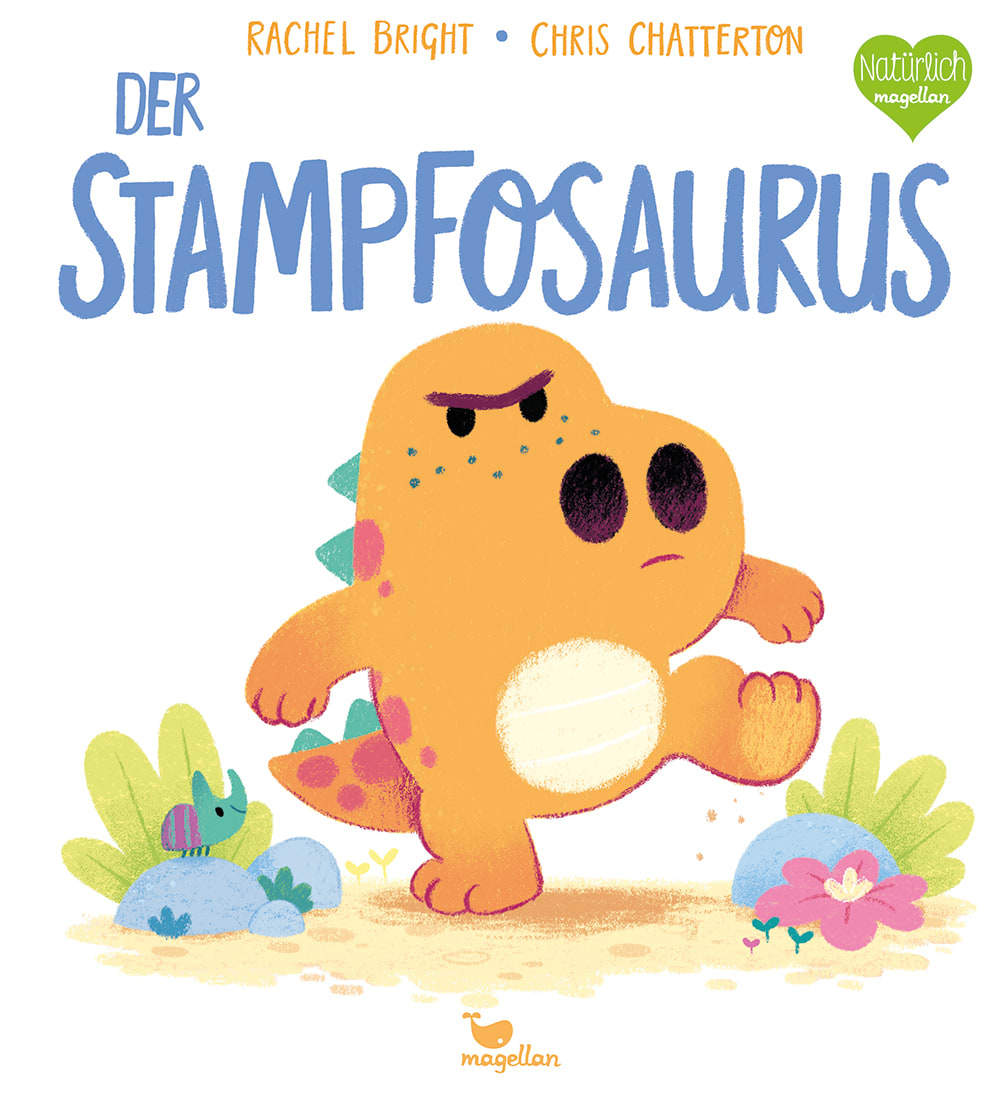 Cover, ein kleiner orangener Dino stampft wütend auf den Boden, weißer Hintergrund