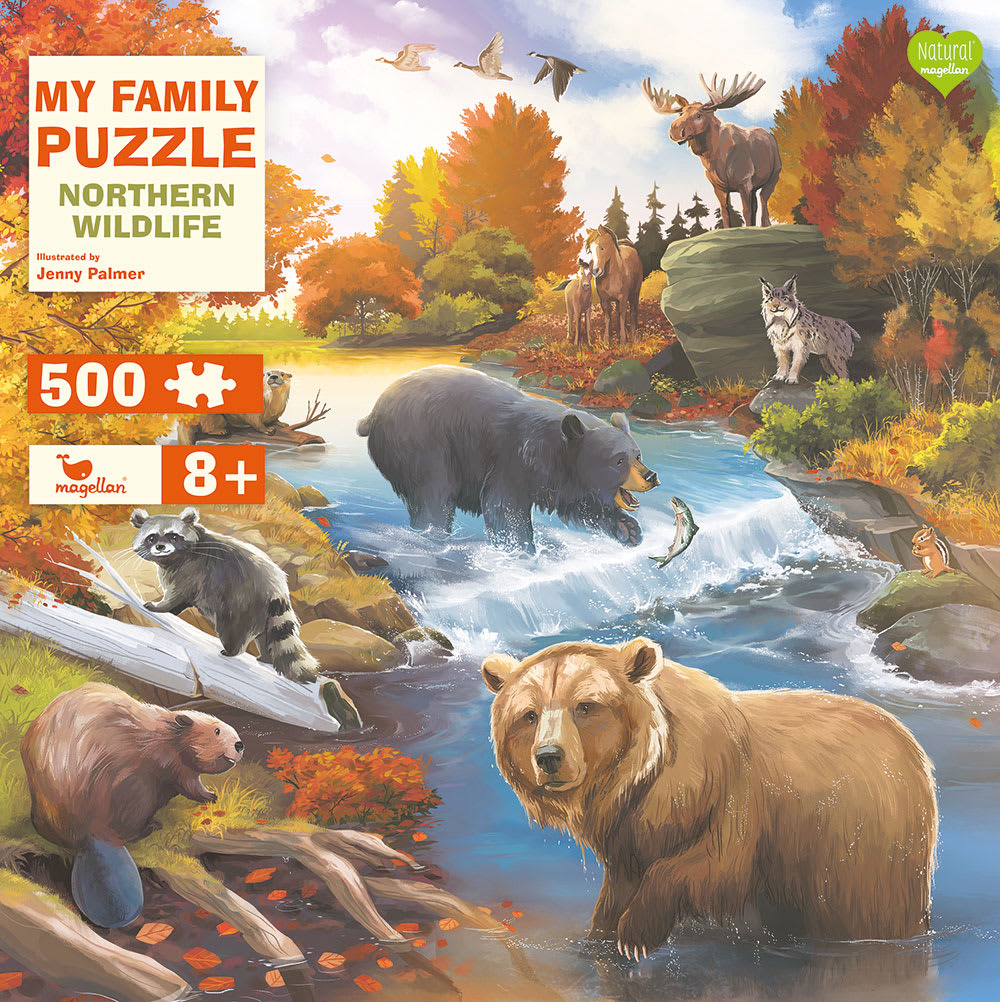 Cover, eine kanadische Flusslandschaft zwischen roten Laubwäldern, Bären, Wildpferde, Otter, Waschbär, Luchs, Streifenhörnchen