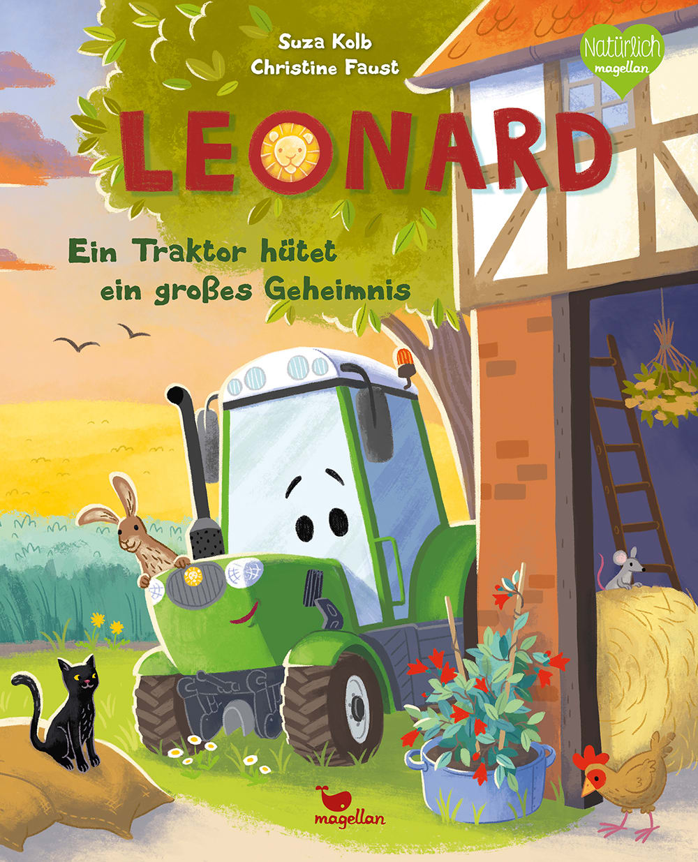 Cover, Traktor Leonard schaut hinter einer Scheune hervor, umgeben von Feld, Pflanzen und anderen Bauernhofbewohnern