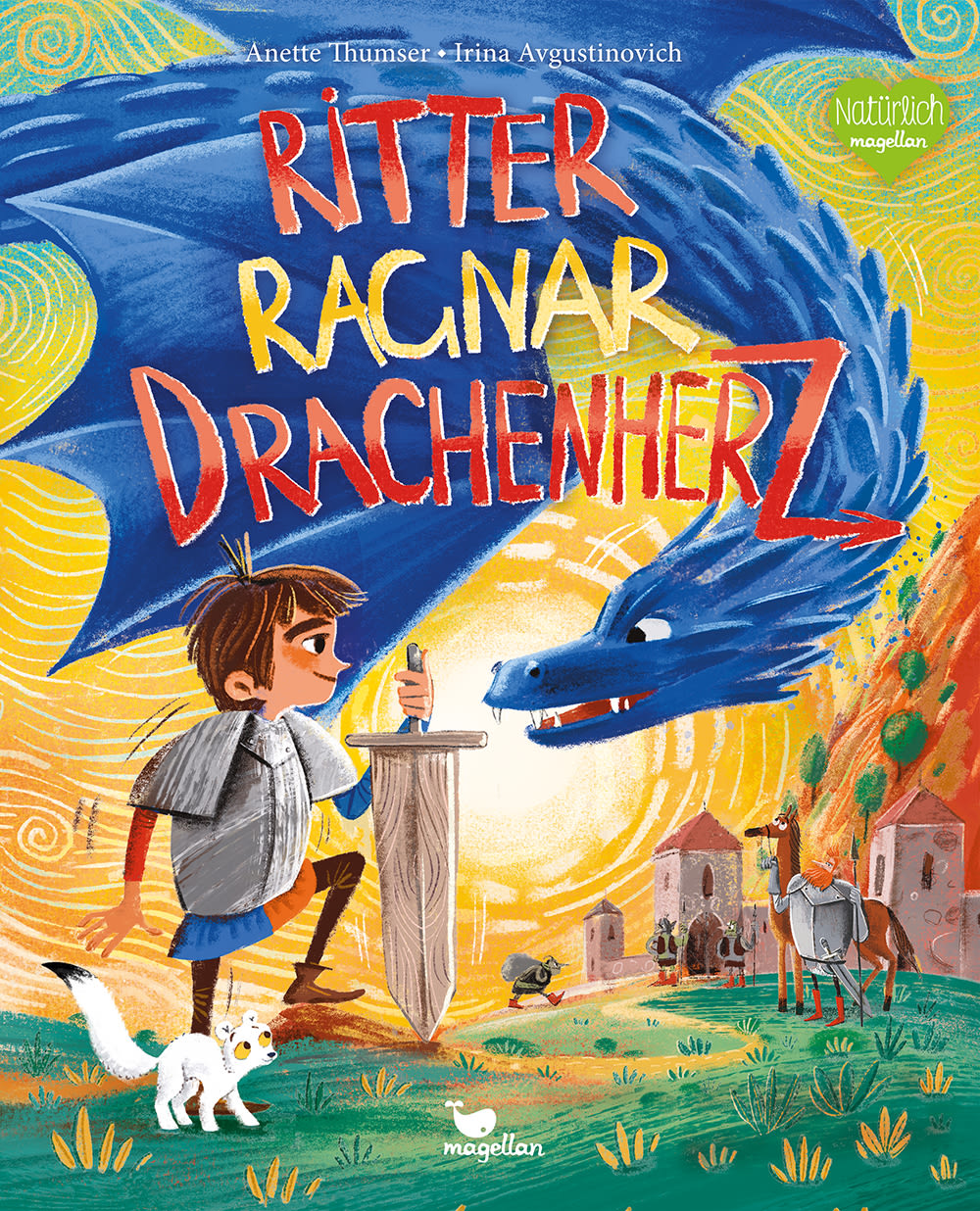 Cover, ein Junge in Ritterrüstung kniet vor einem blauen Drachen