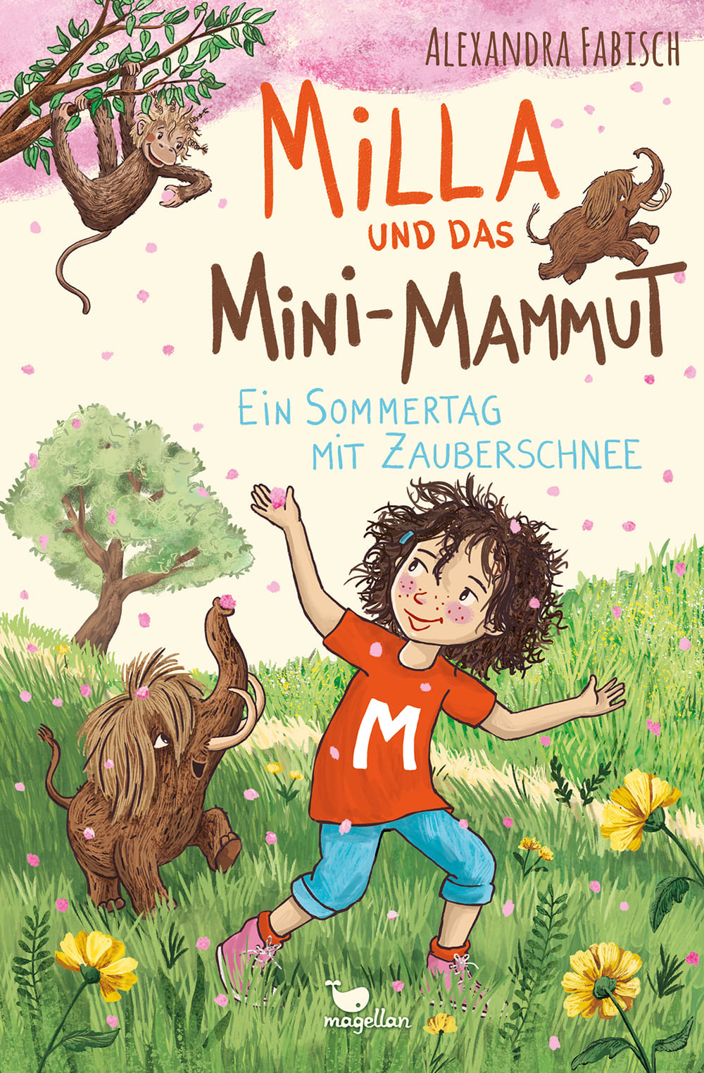 Cover, ein Mädchen auf einer Wiese mit Mini Mammut und rosa Schnee