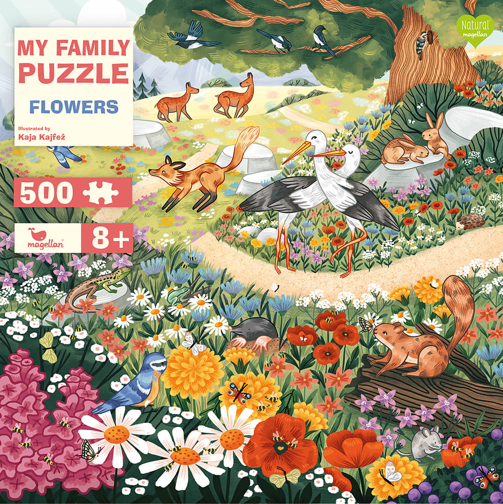 Cover, eine bunte Blumenwiese über mehrere Hügel, verschiedene Tiere in ihrem Lebensraum, Storch, Hase, Eichhörnchen, Vögel, Rehe, Fuchs, Insekten