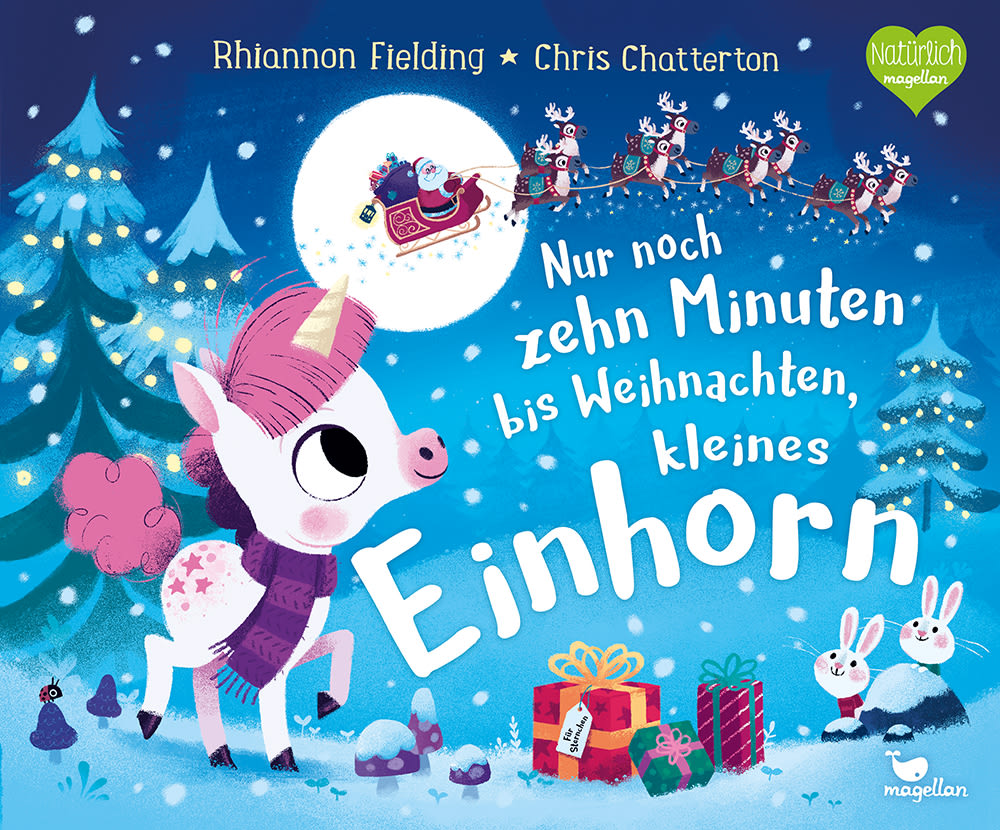 Cover, ein kleines Einhorn beobachtet den Weihnachtsschlitten am Himmel, steht im Schnee umgeben von Geschenken und beleuchteten Tannenbäumen