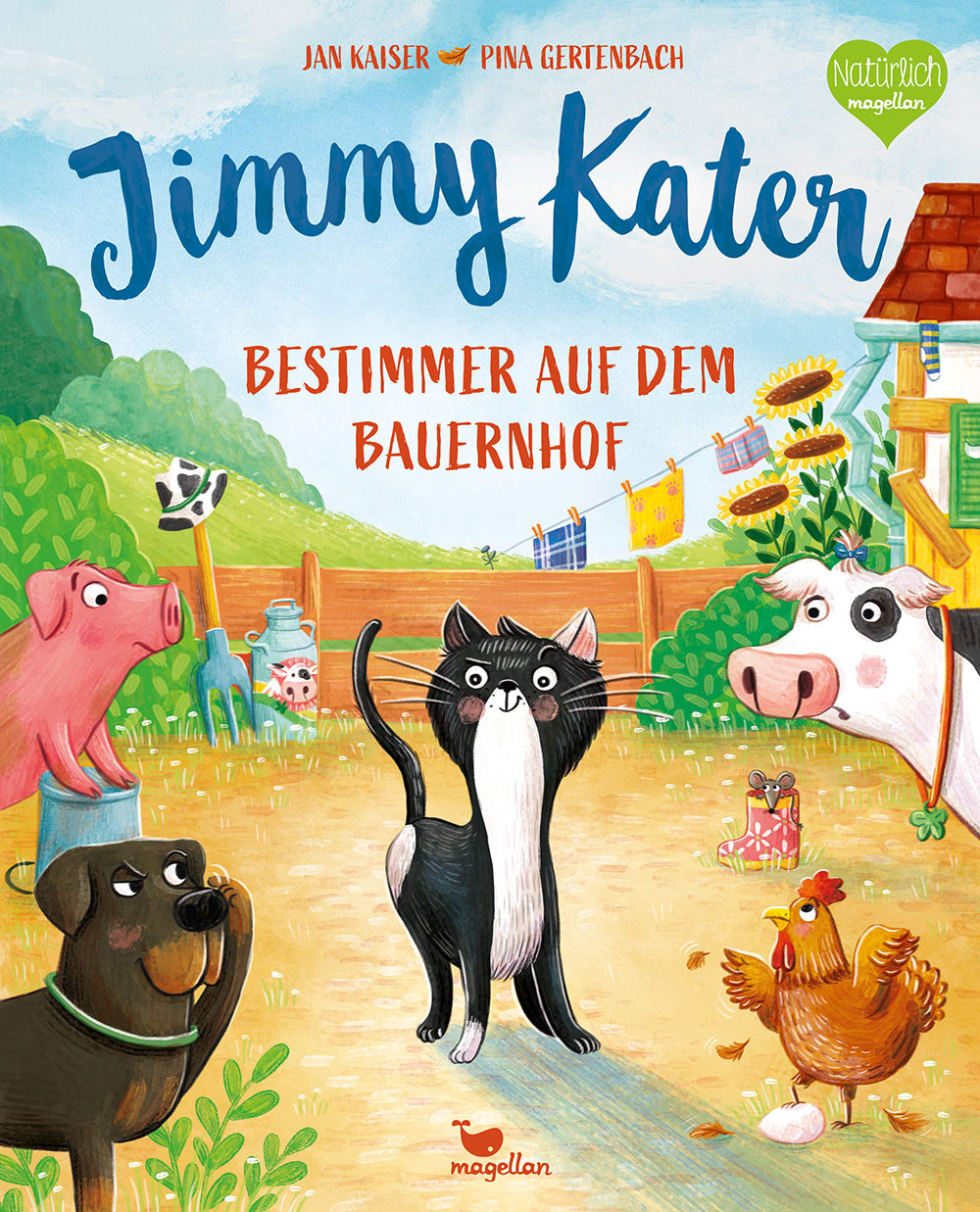 Cover, ein schwarzer Kater steht im Mittelpunkt und wird von einer Kuh, einem Schwein, einem Hund, einer Maus und einer Henne angeschaut