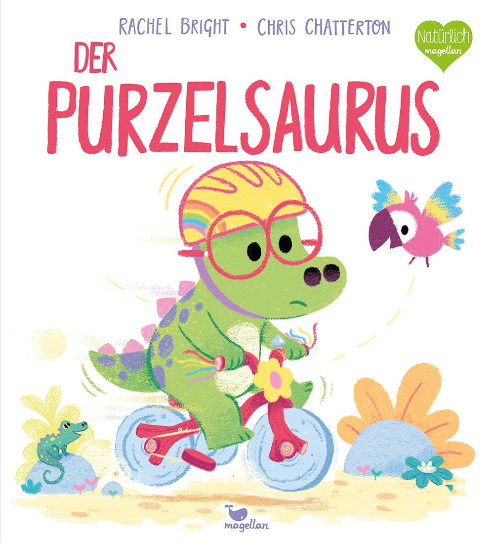 Cover, ein kleiner grüner Dino mit roter Brille fährt mit einem Fahrrad und trägt einen gelben Helm