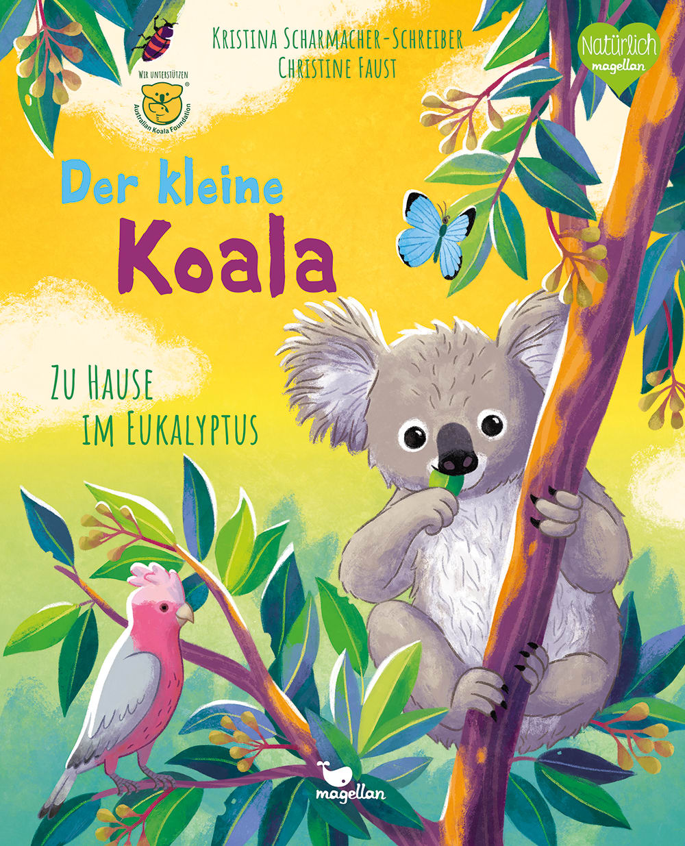 Cover, ein Koala sitzt in einem Eukalyptus und isst ein Blatt