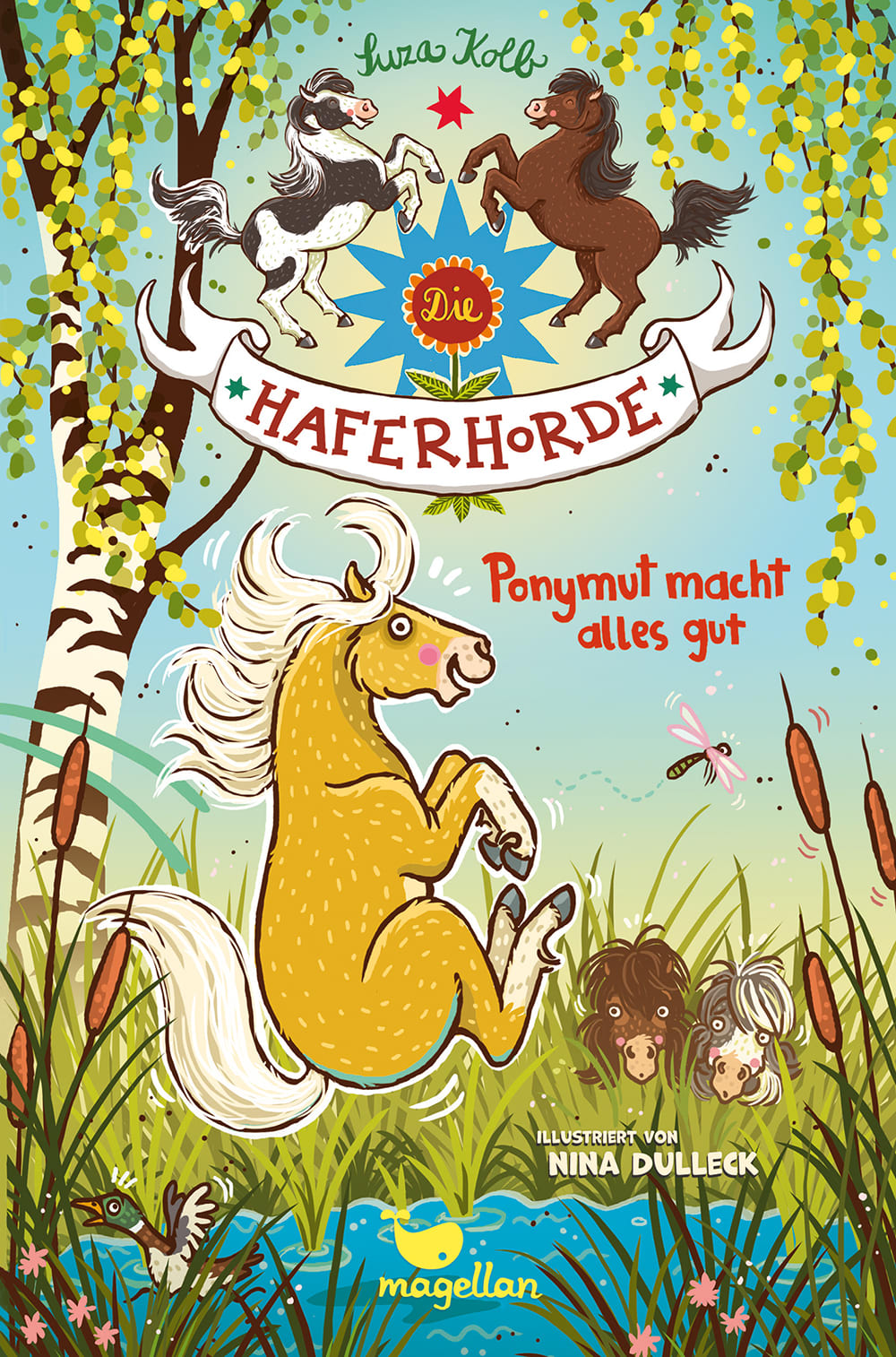 Cover, ein beiges Pony springt mit dem Hintern voraus in einen See und wird dabei von zwei Ponys beobachtet, die sich in hohem Gras verstecken