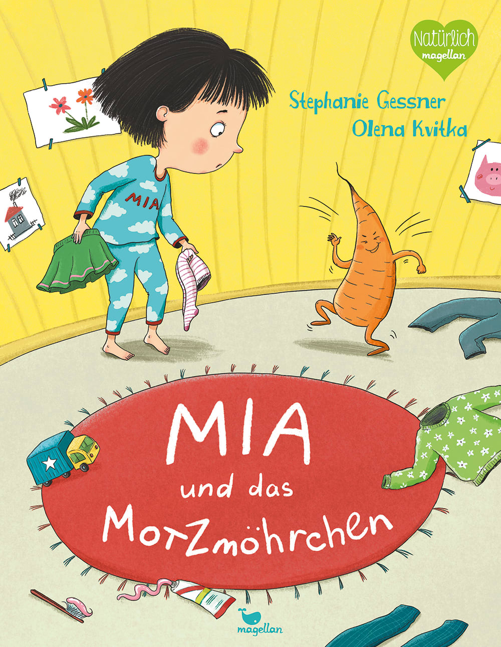 Cover, ein Mädchen mit schwarzen Haaren und Pony steht im Schlafanzug im Kinderzimmer und schaut auf eine tanzende Möhre