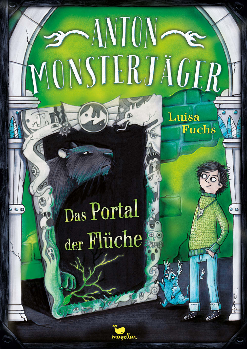 Cover, in grün und schwarz gehalten, ein Junge steht vor einem Portal, neben ihm steht ein kleines Monster