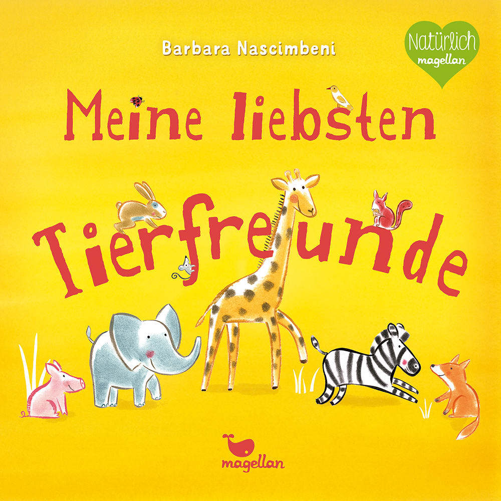 Cover, Tierabbildungen auf gelbem Hintergrund, Schwein, Elefant, Hase, Giraffe, Zebra, Fuchs, usw.