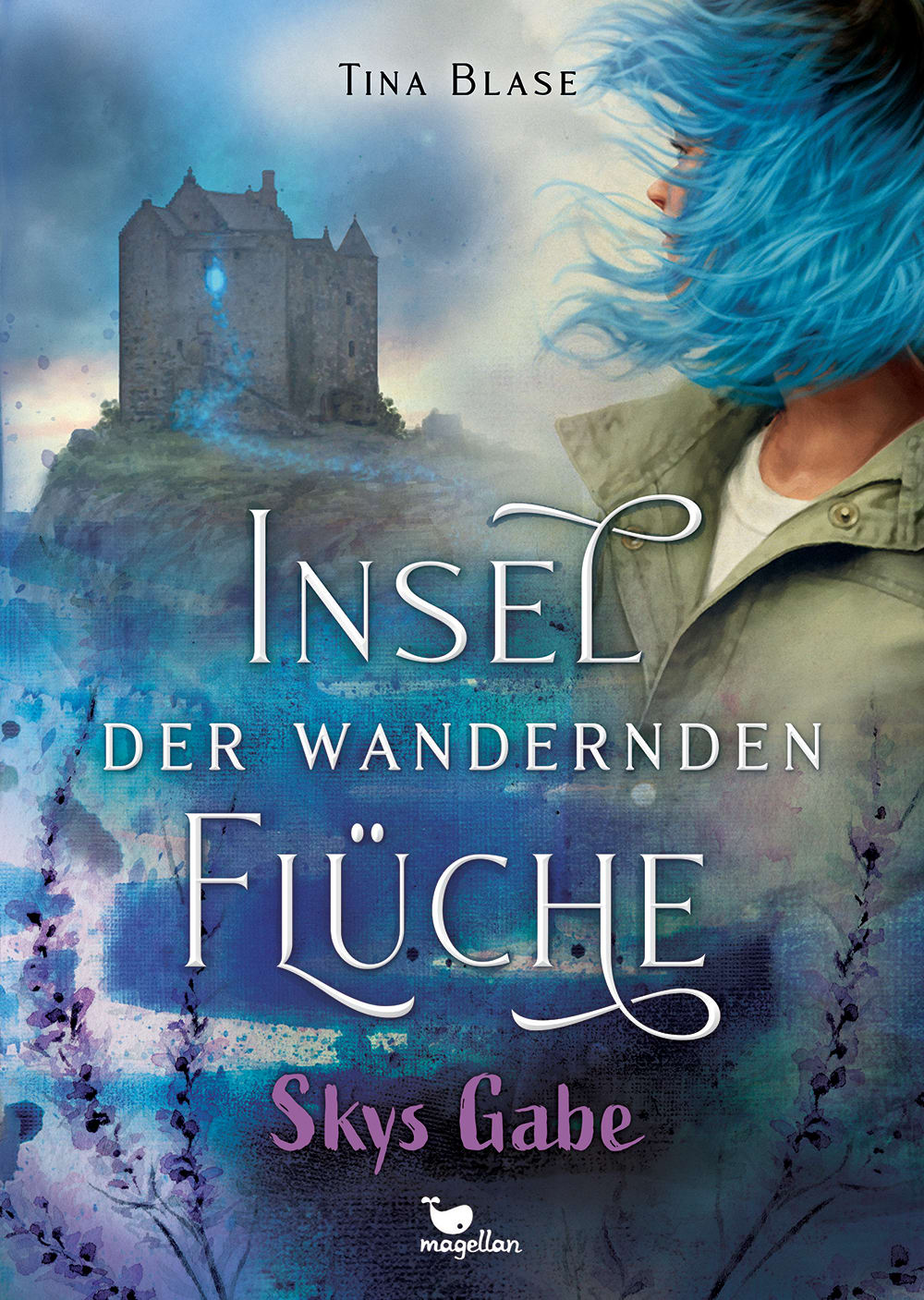 Cover, ein Mädchen mit blauen Haaren, gewandt zu einer Burg, ein magischer blauer Faden zieht sich von ihrer Hand zur Burg