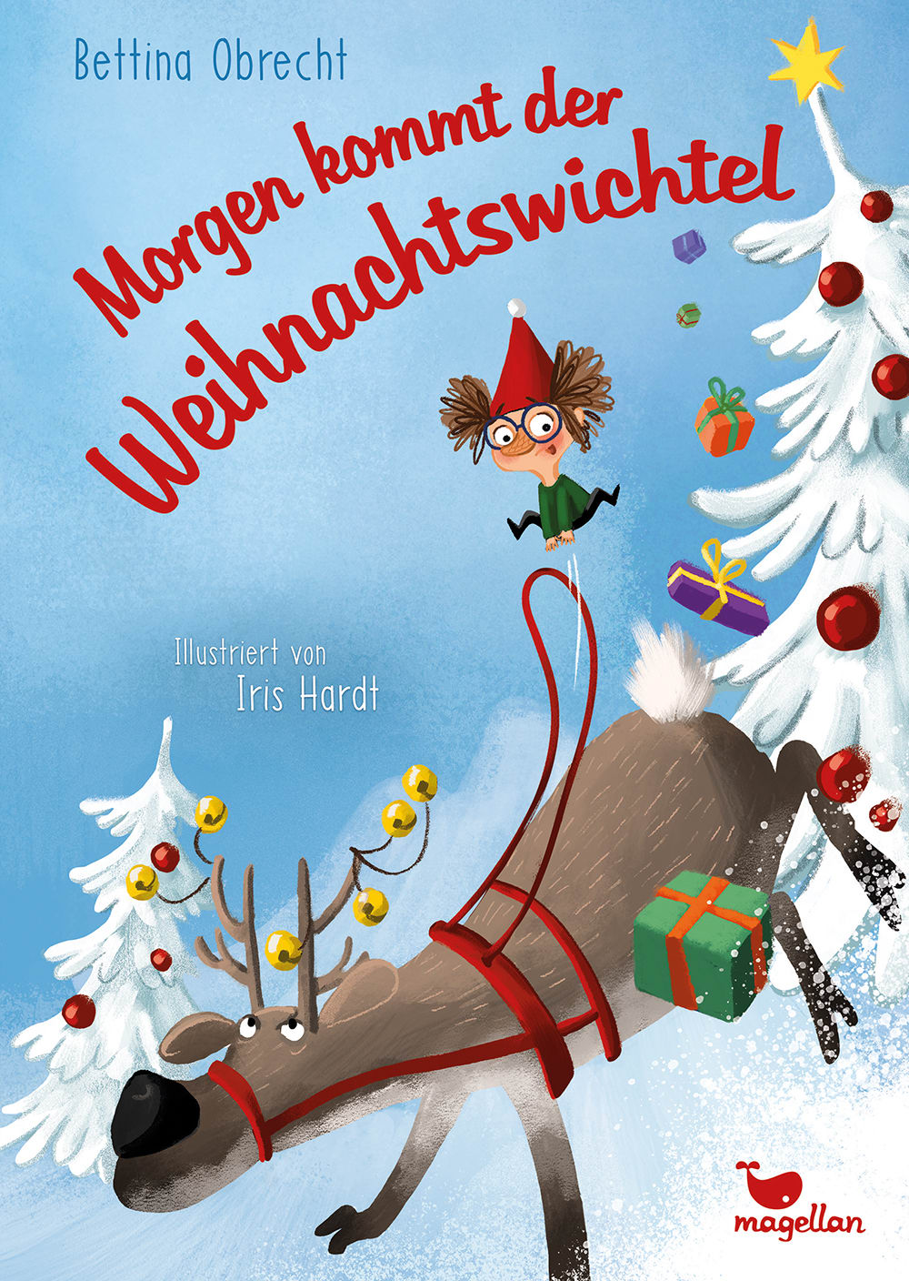 Cover, weiße Winterlandschaft, Rentier rennt und verliert Geschenke, ein kleiner Wichtel sitzt auf dem Rücken und hüpft nach oben