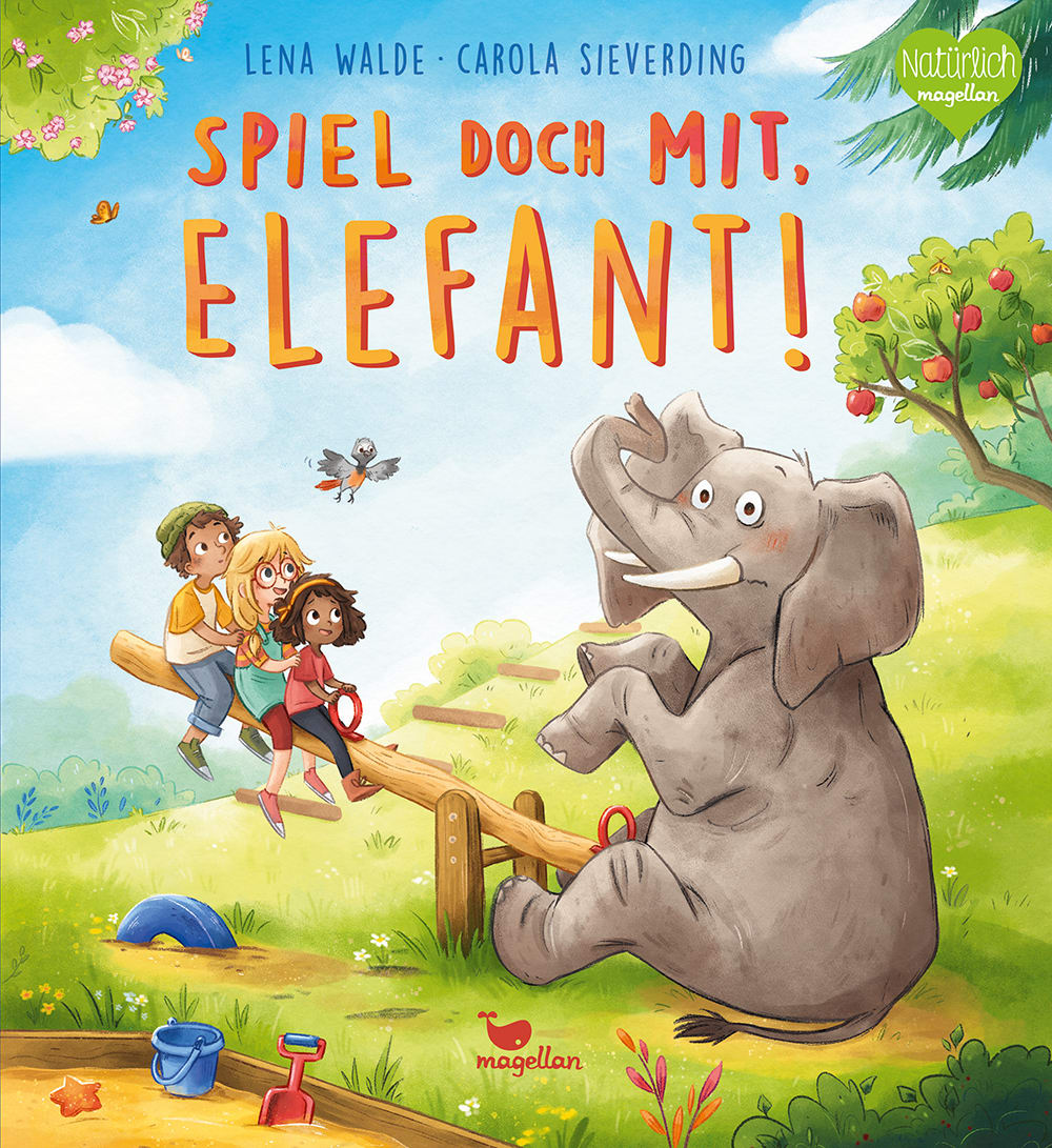 Cover, ein Elefant und drei Kinder sitzen auf einer Wippe auf einem Spielplatz