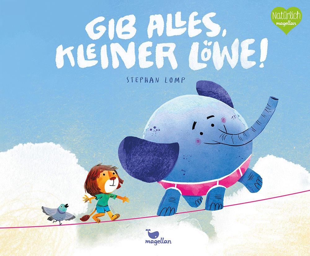 Cover, ein Löwe und ein Elefant balancieren auf einem Seil