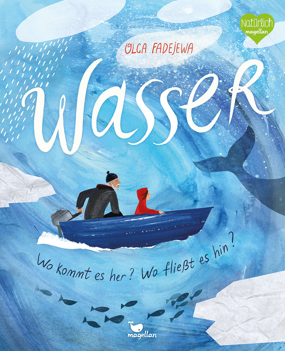 Cover, Opa und Enkelkind fahren mit dem Boot über das Wasser, begleitet von Fischen