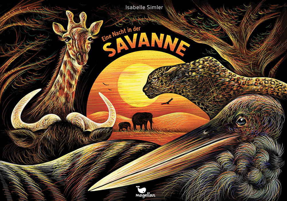 Cover, auf schwarzem Hintergrund in leuchtenden Orangetönen eine Abbildung der Savanne mit Elefanten, Giraffe, Leopard, Zebra und Co