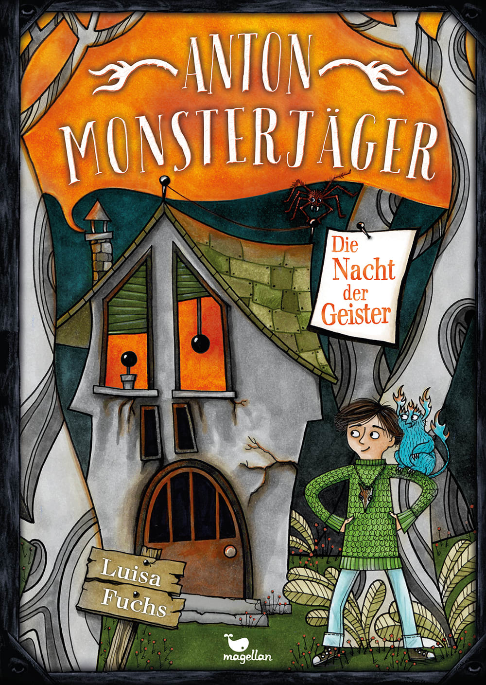 Cover, in grün, orange und schwarz gehalten, gruselig mit Spukhaus, einem Jungen und seinem Monster