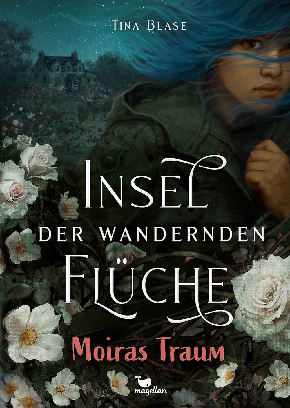 Cover, düster in dunklen Farben gehalten, Mädchen mit blauen Haaren schaut aus dem Bild, umgeben von weißen Rosen