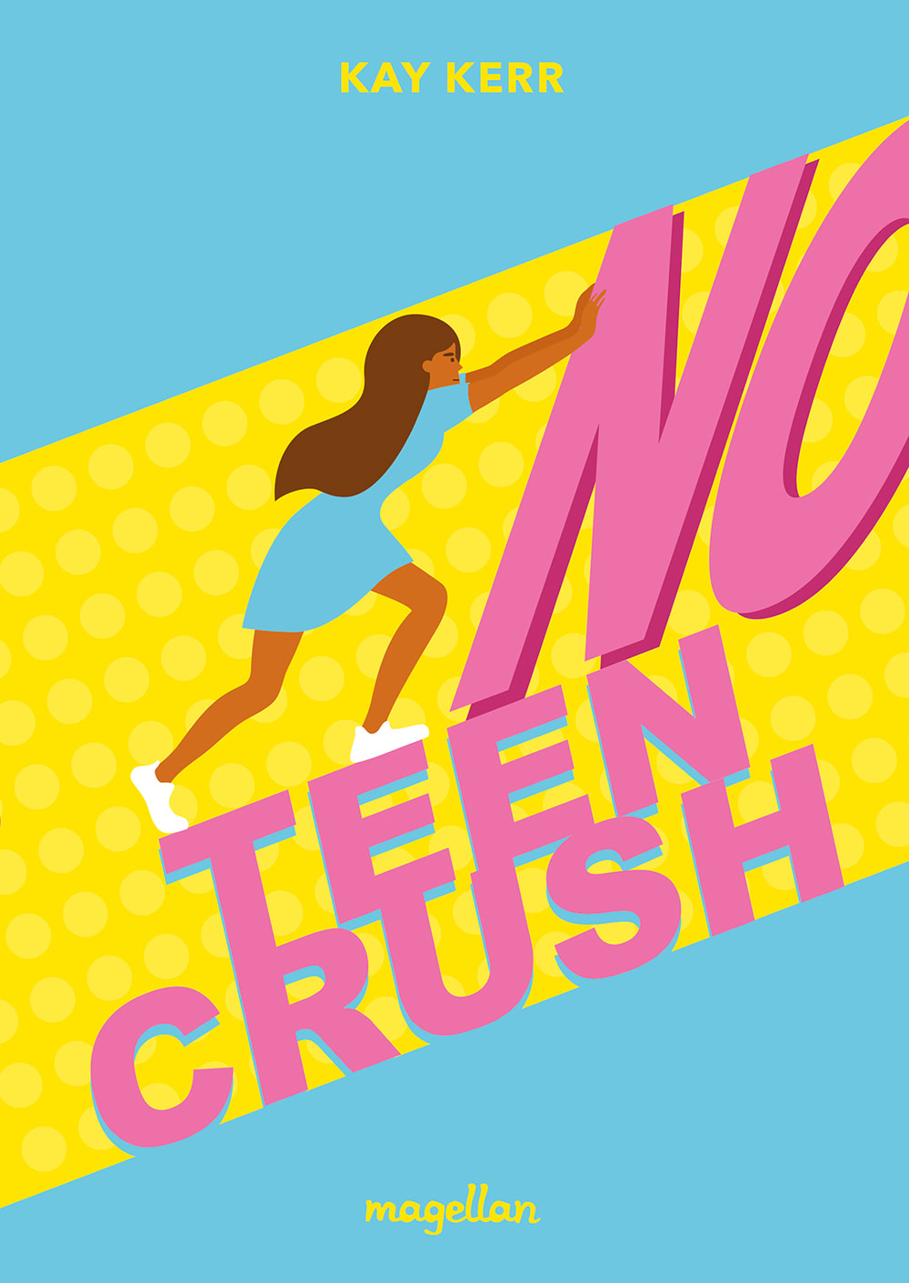 Cover, in blau, gelb und rosa gehalten, Titel No Teen Crush, eine Frau schiebt das No weg