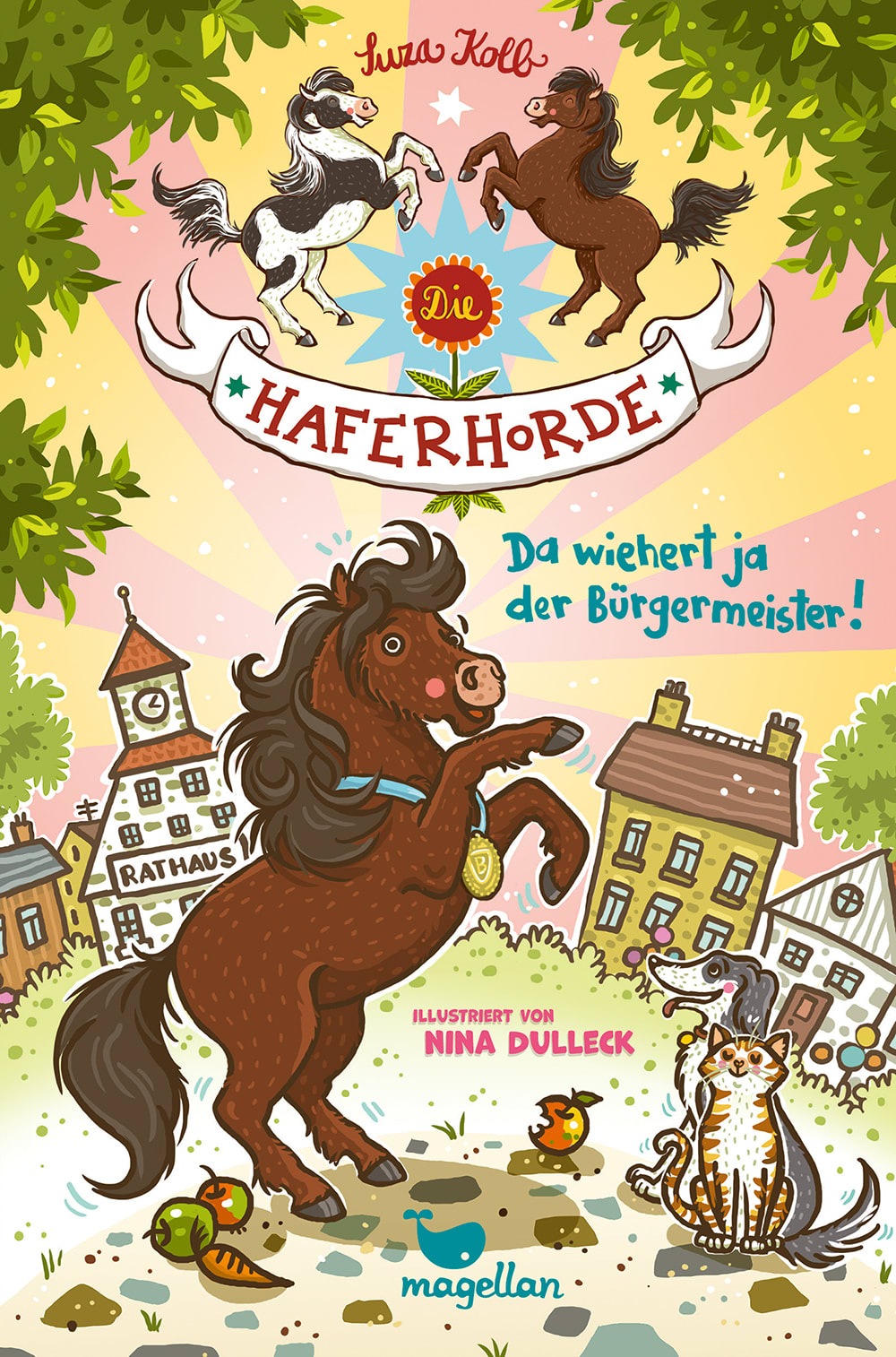 Cover, braunes Pony steigt vor Stadtkulisse