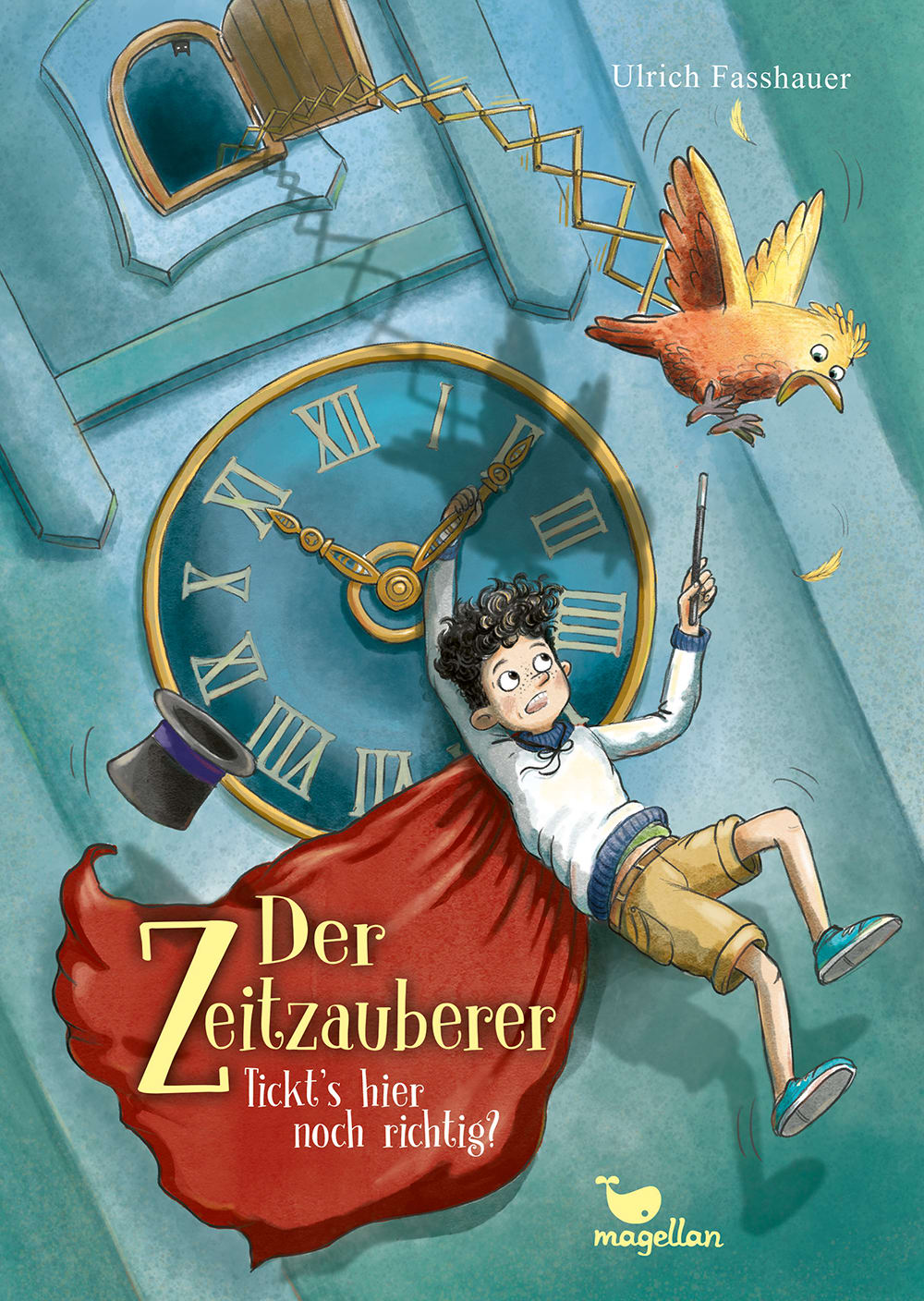 Cover, ein Junge mit rotem Umhang und Zauberstab hängt an den Zeigern einer Uhr
