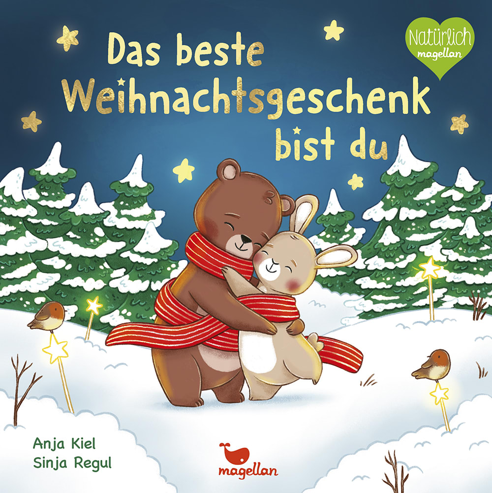 Cover, Bär und Hase umarmen sich im schneebedeckten Wald