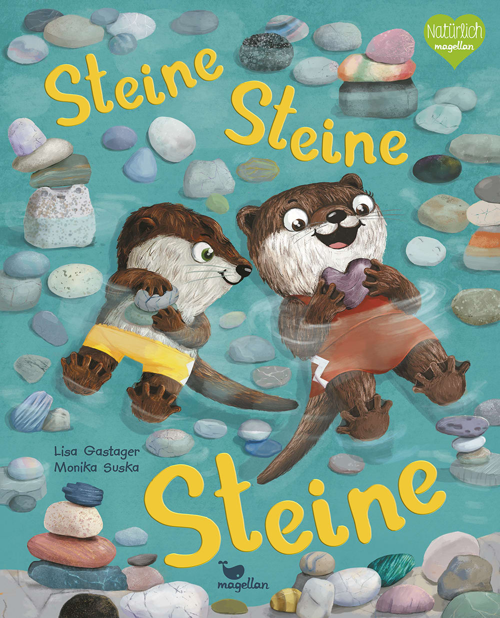 Cover, Otter schwimmen umgeben von Steinen