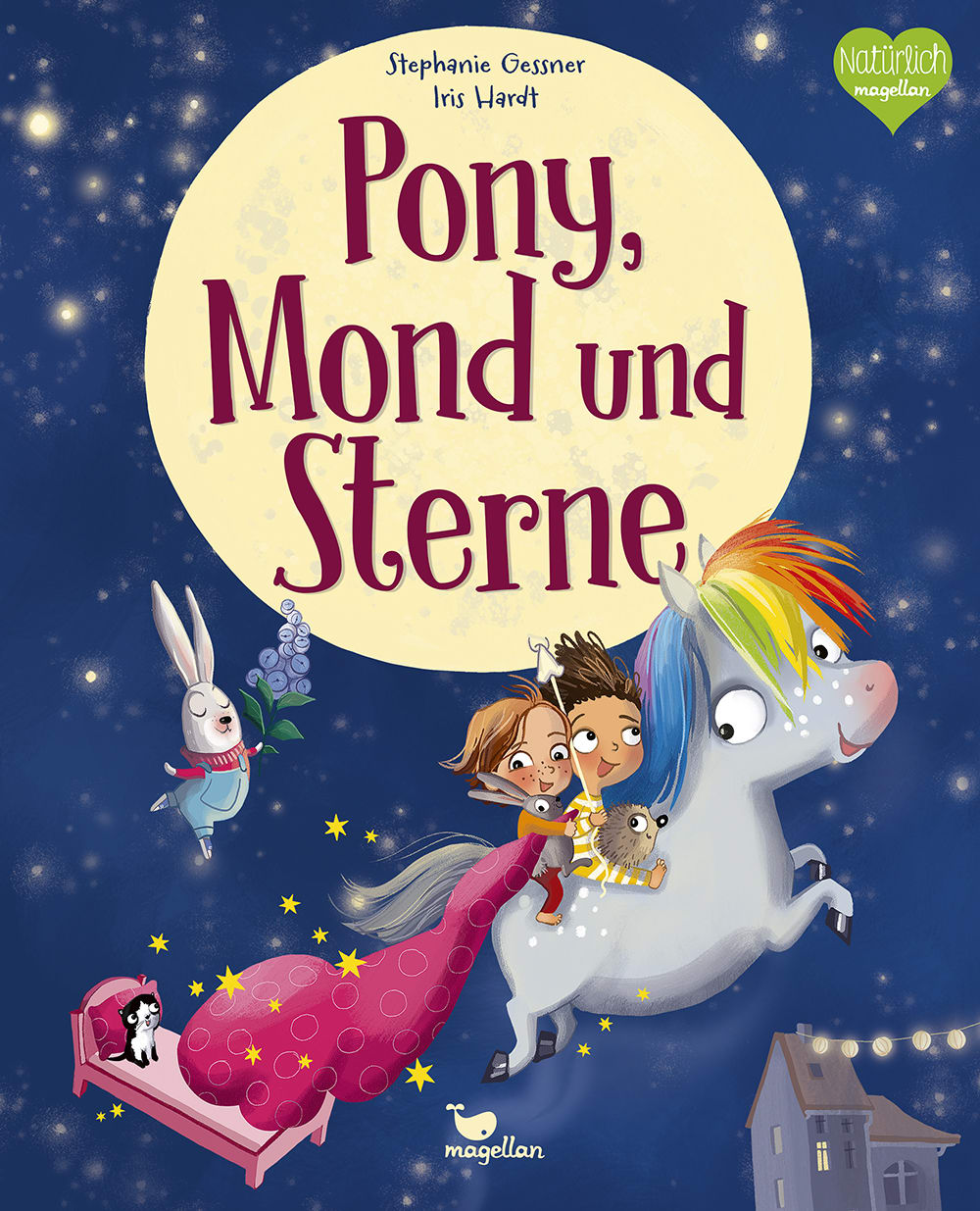 Cover, zwei Kinder sitzen auf einem bunten Pony und fliegen gemeinsam durch die Nacht