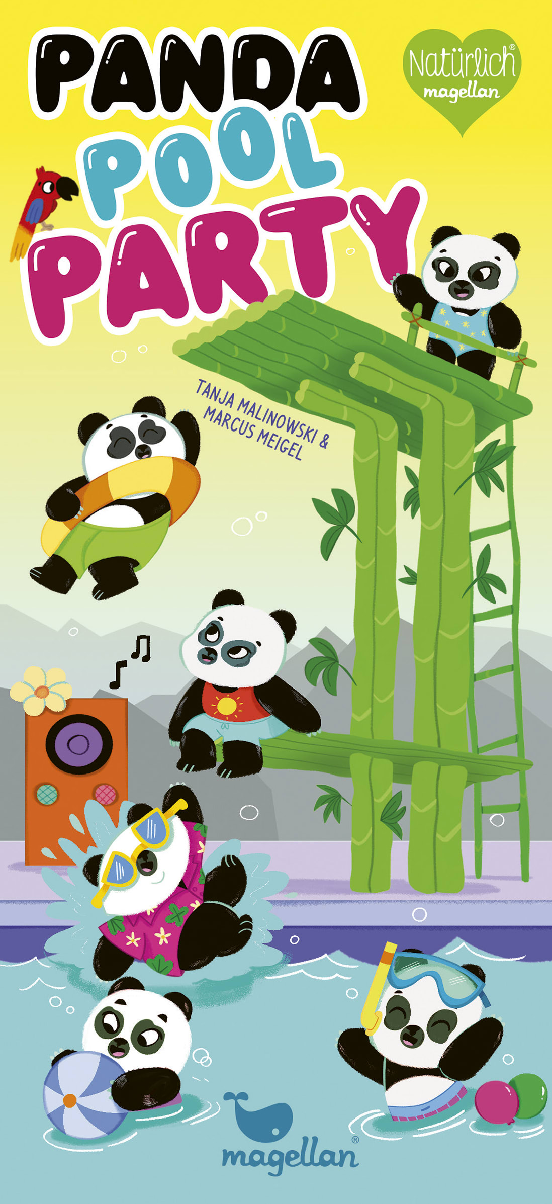 Cover, viele Pandas springen in den Pool