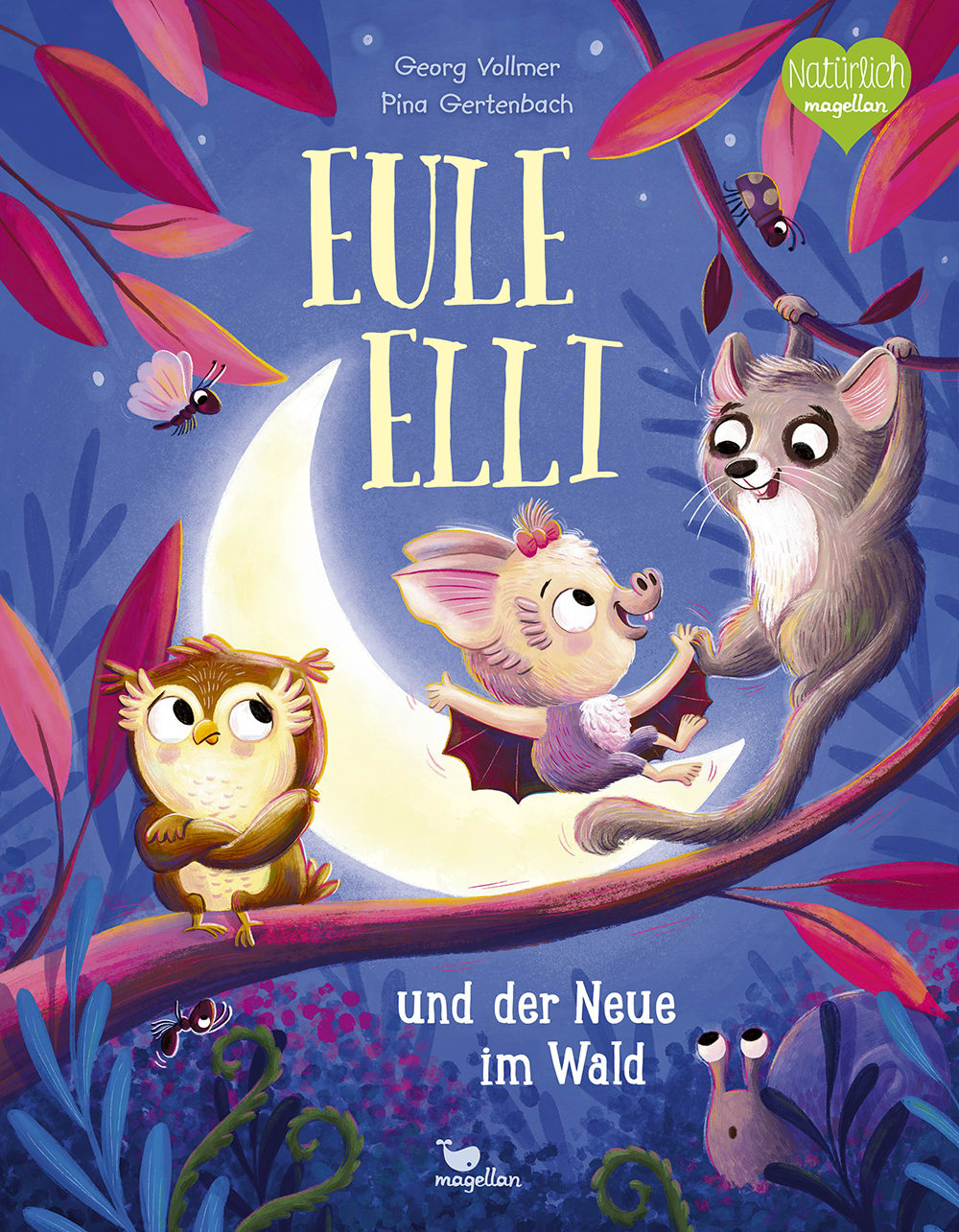 Cover, eine Eule, eine Fledermaus und ein Siebenschläfer sitzen auf einem Ast vor dem Mond