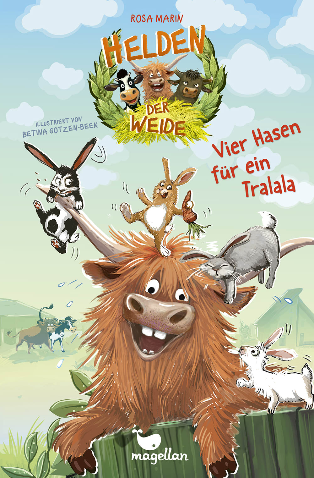 Cover, ein Hochlandrind wird von Hasen belagert, die Spaß machen wollen