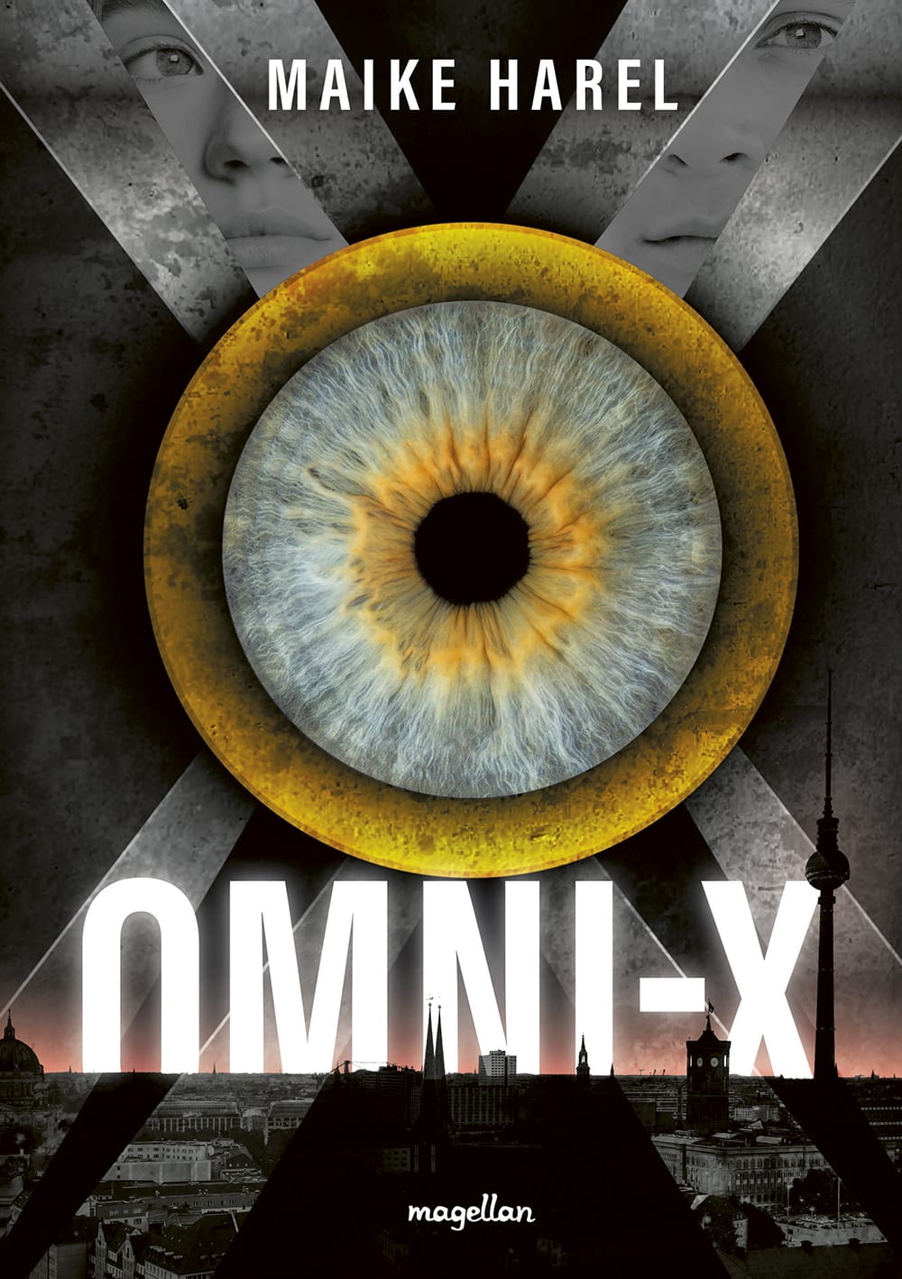 Cover, eine Stadtsilhouette, eine Iris in der Mitte eines X