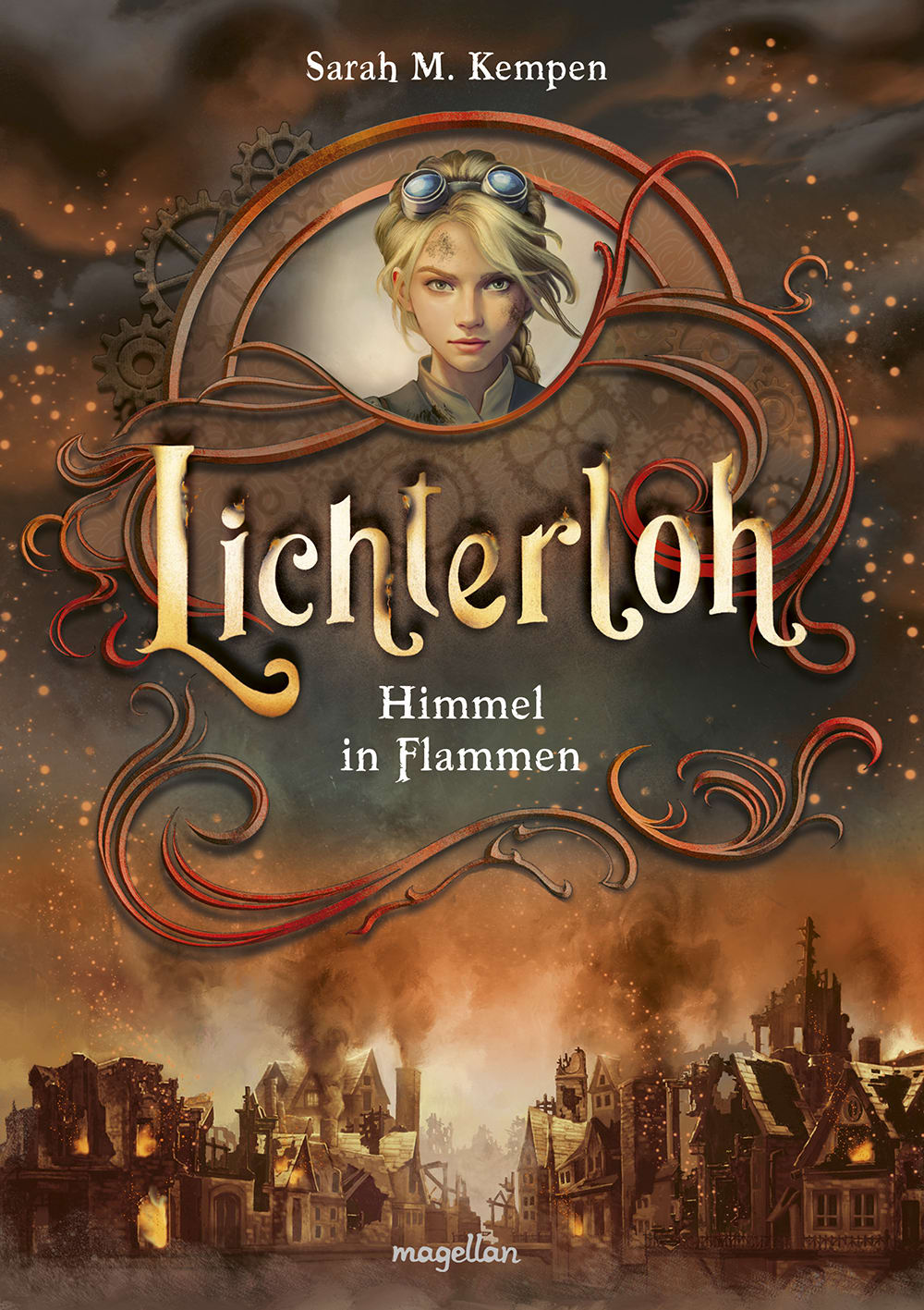 Cover, düstere Stadtsilhouette, Mädchenportrait