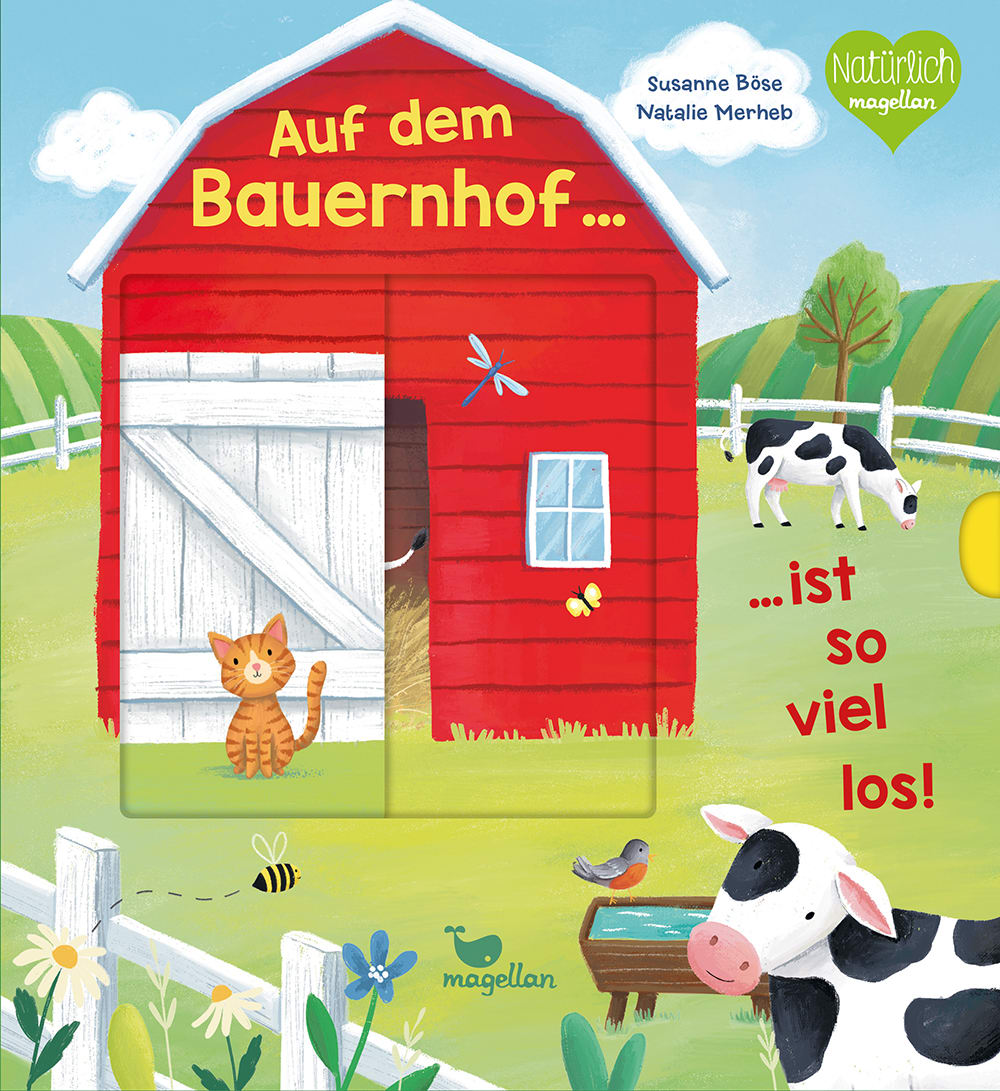 Cover, eine rote Scheune auf einem Bauernhof, Kühe, Vögel und eine Katze