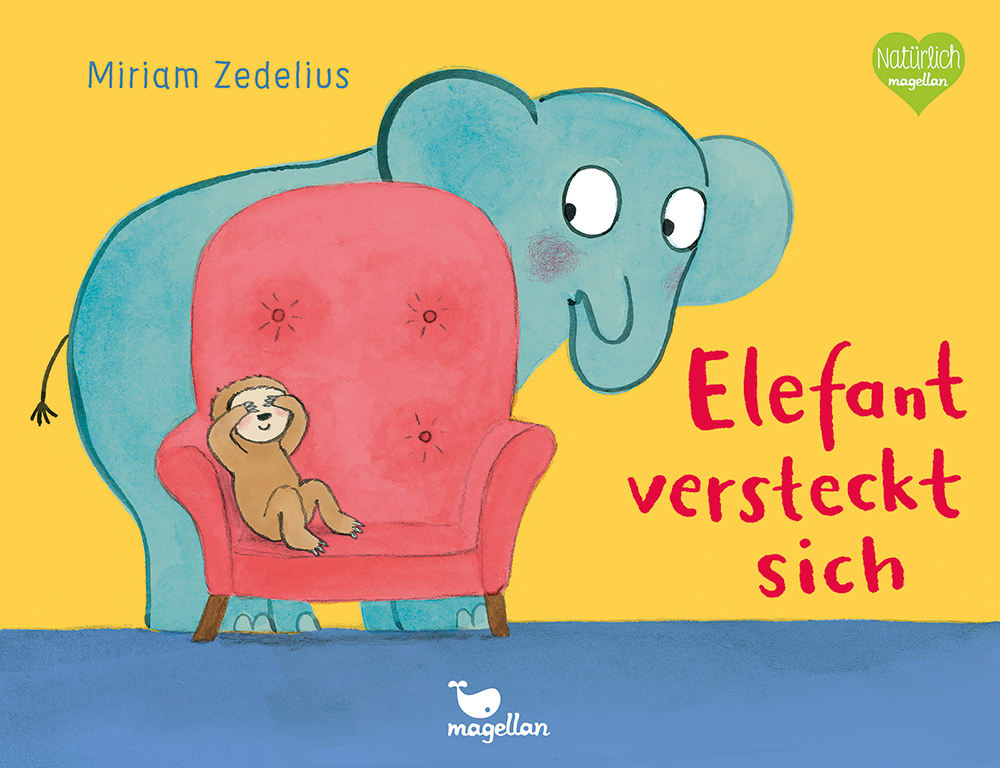 Cover, ein Elefant versteckt sich hinter einem roten Sessel, auf dem ein Faultier sitzt