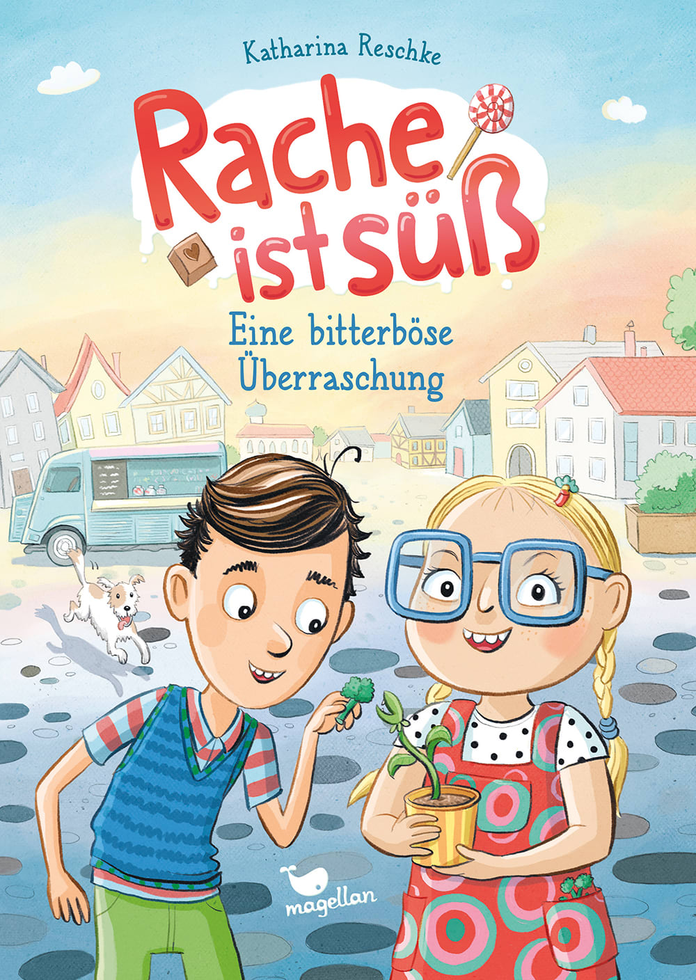 Cover, Junge und Mädchen mit einer fleischfressenden Pflanze vor einer Stadtkulisse
