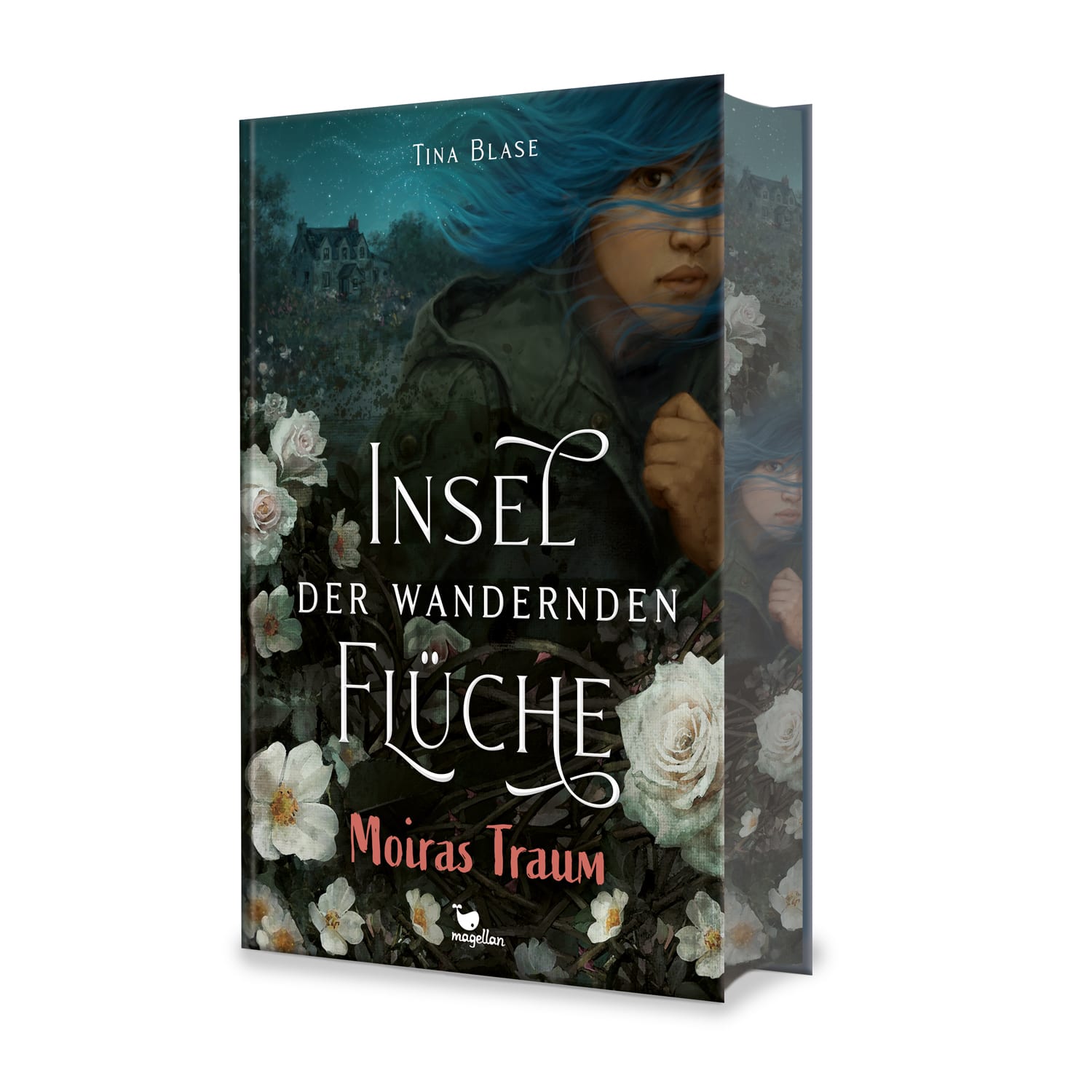 Cover, düster in dunklen Farben gehalten, Mädchen mit blauen Haaren schaut aus dem Bild, umgeben von weißen Rosen