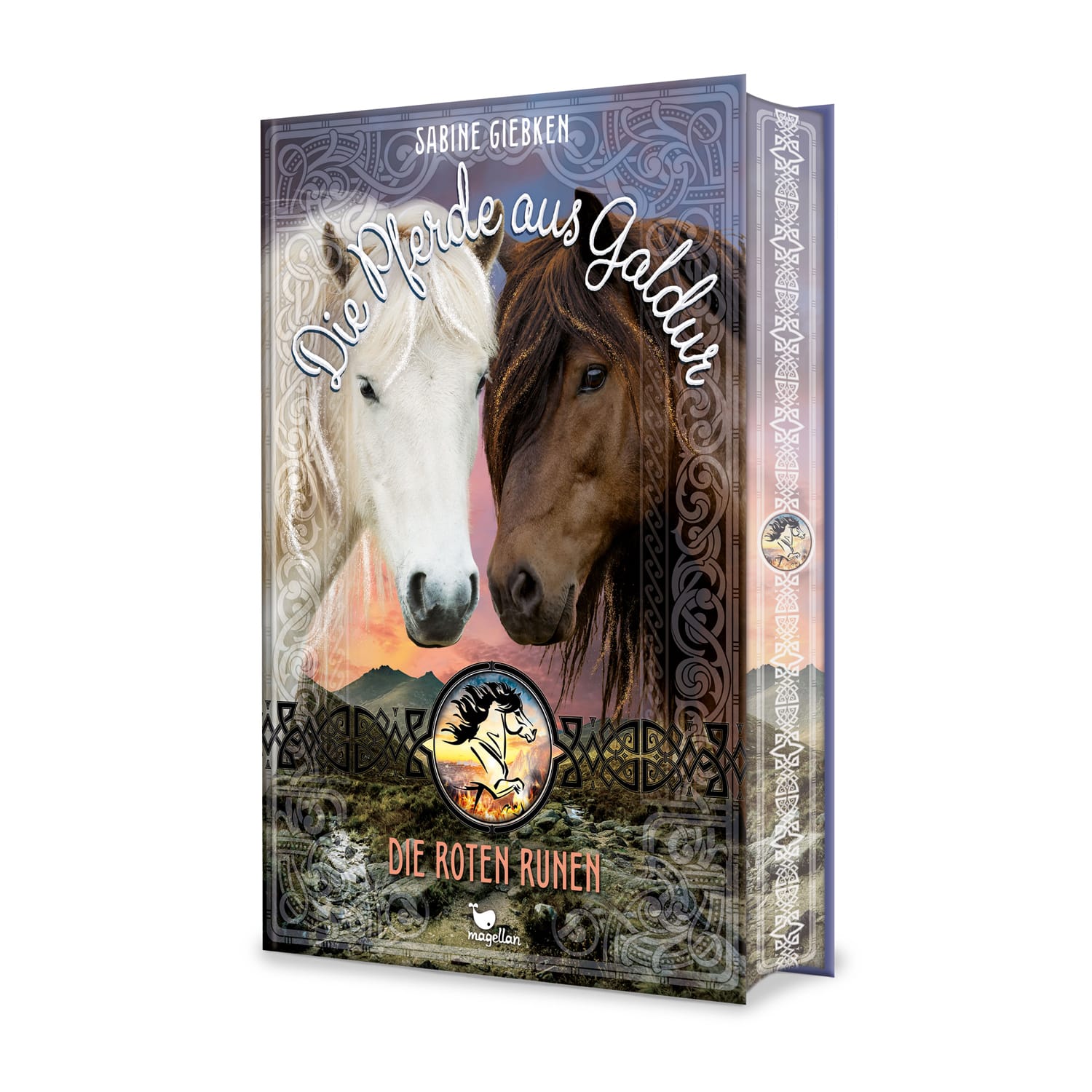 Cover, ein weißes und ein braunes Pferd vor isländischer Kulisse 