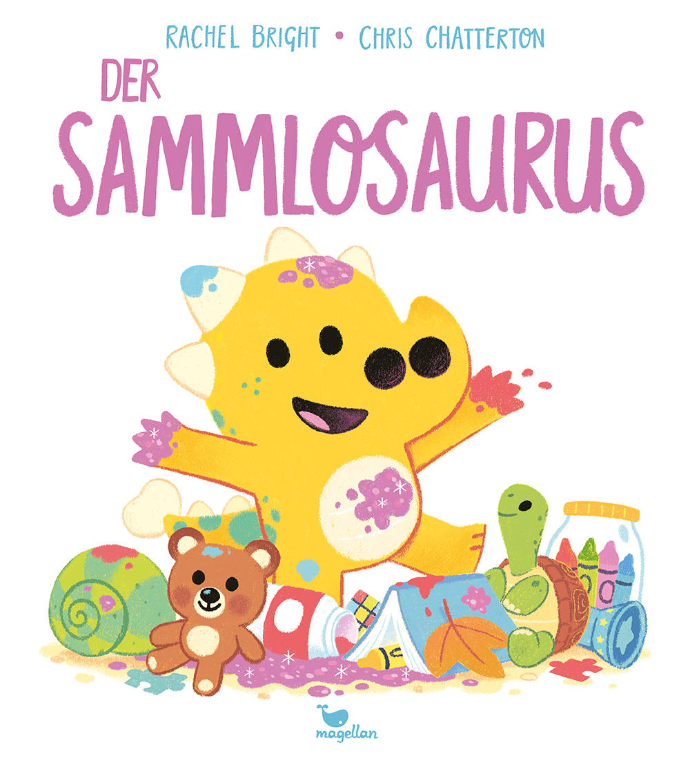 Cover, ein Dino zwischen Spielzeug mit Farbkleksen 
